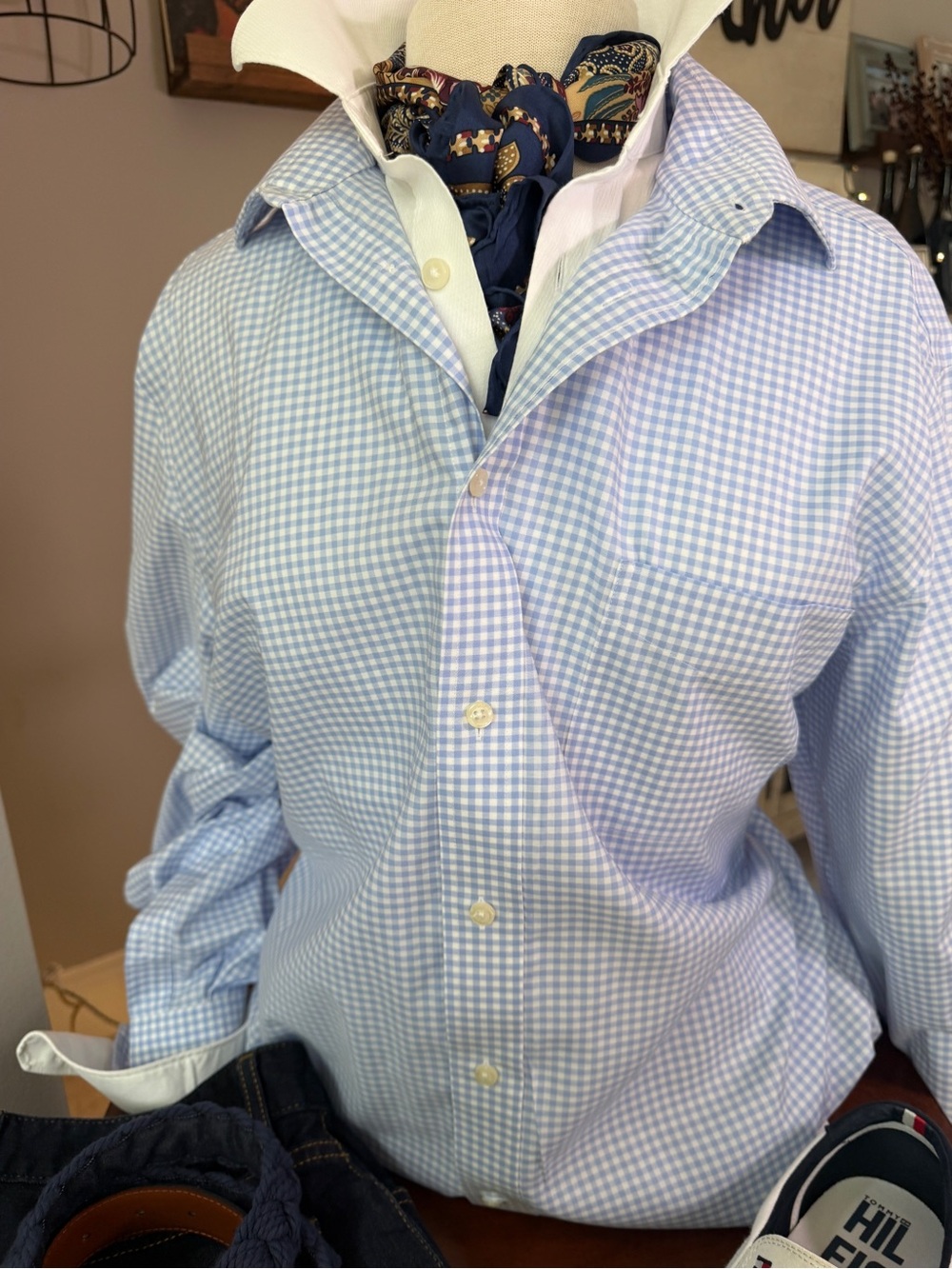 Lauren Ralph Lauren Mens XL 17.5 34/35 Blue Gingham Stretch Dress Shirt